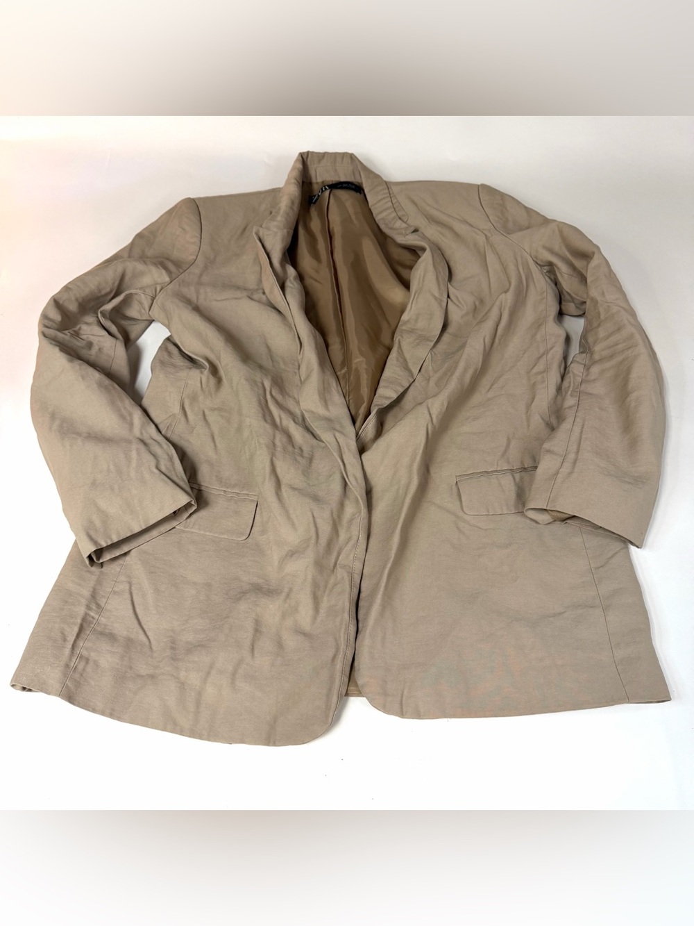Zara Women’s Size Large Open Front Blazer Jacket Beige Solid Tan Beige #2499